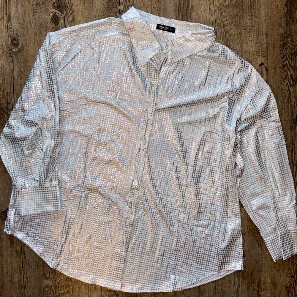 Shein plus Silver Sparkly button down blouse 0X